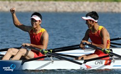 Guolin Zhang (b) and Jie Sun (s) from China celebrate their qualification for the Final A of the Lightweight Men's Double Sculls at the 2008 Olympic games in Beijing, China.