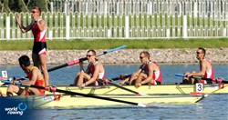 Lukasz Pawlowski (b), Bartlomiej Pawelczak, Milosz Bernatajtys and Pawel Randa (s) celebrate their victory in the semifinal of the Lightweight Men's Four at the 2008 Olympic games in Beijing, China.