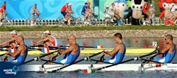 Luca Agamennoni (b), Simone Venier, Rossano Galtarossa and Simone Raineri (s) on their way to win their semifinal at the 2008 Olympic games in Beijing, China.