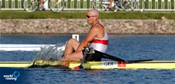 Marcel Hacker from Germany after winning the Final B of the Men's Single Sculls at the 2008 Olympic Games in Beijing, China.