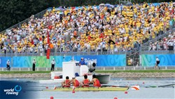 The Chinese Lightweight Mens Four with Zhongming Huang (b), Chongkui Wu, Lin Zhang and Jun Tian (s) racing the Final B at the 2008 Olympic games in Beijing, China.