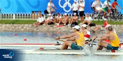 Drew Ginn (b) and Duncan Free (s) on their way to win the Final A of the Men's Pairs at the 2008 Olympic Games in Beijing, China.