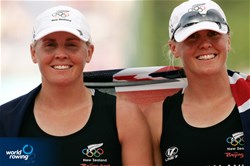 Georgina and Caroline Evers-Swindell from New Zealand during the victory ceremony of the Women's Double Sculls at the 2008 Olympic games in Beijing, China.