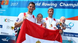 Adrian Juhasz (b), Bela Simon Jr, Andrea Vanda Kollath (c), Hungary, gold, Men's Coxed Pair, A-Final, 2017 World Rowing Championships, Sarasota-Bradenton, USA