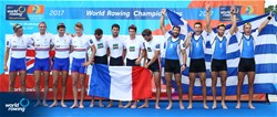 Francois Teroin (b), Damien Piqueras, Maxime Demontfaucon, Stany Delayre (s), France, gold, Edward Fisher (b), Zak Lee-Green, Peter Chambers, Gavin Horsburgh (s), Great Britain, silver, Ninos Nikolaidis (b), Panagiotis Magdanis, Spyridon Giannaros, Eleftherios Konsolas (s), Greece, bronze, Lightweight Men's Quadruple Sculls, A-Final, 2017 World Rowing Championships, Sarasota-Bradenton, USA