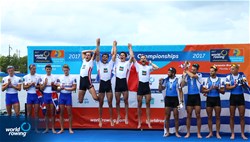 Francois Teroin (b), Damien Piqueras, Maxime Demontfaucon, Stany Delayre (s), France, gold, Edward Fisher (b), Zak Lee-Green, Peter Chambers, Gavin Horsburgh (s), Great Britain, silver, Ninos Nikolaidis (b), Panagiotis Magdanis, Spyridon Giannaros, Eleftherios Konsolas (s), Greece, bronze, Lightweight Men's Quadruple Sculls, A-Final, 2017 World Rowing Championships, Sarasota-Bradenton, USA