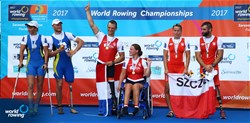 Annika Van Der Meer (b), Corne De Koning (s), Netherlands, gold, Iaroslav Koiuda (b), Iryna Kyrychenko (s), Ukraine, silver, Michal Gadowski (b), Jolanta Majka (s), Poland, bronze, PR2 Mixed double sculls, A-Final, 2017 World Rowing Championships, Sarasota-Bradenton, USA