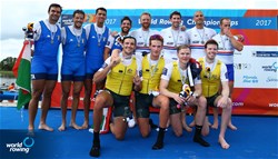 Joshua Hicks (b), Spencer Turrin, Jack Hargreaves, Alexander Hill (s), Australia, gold, Marco Di Costanzo (b), Giovanni Abagnale, Matteo Castaldo, Domenico Montrone (s), Italy, silver, Matthew Rossiter (b), Mohamed Sbihi, Matthew Tarrant, William Satch (s), Great Britain, bronze, Mens four, A-Final, 2017 World Rowing Championships, Sarasota-Bradenton, USA
