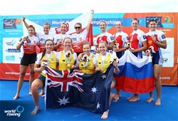 Lucy Stephan (b), Katrina Werry, Sarah Hawe, Molly Goodman (s), Australia, gold, Olga Michalkiewicz (b), Joanna Dittmann, Monika Ciaciuch, Maria Wierzbowska (s), Poland, silver, Elena Oriabinskaia (b), Anastasia Tikhanova, Ekaterina Potapova, Alevtina Savkina (s), Russia, bronze, Women's Four, A-Final, 2017 World Rowing Championships, Sarasota-Bradenton, USA