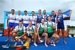 Dovydas Nemeravicius (b), Martynas Dziaugys, Rolandas Mascinskas, Aurimas Adomavicius (s), Lithuania, gold, Jack Beaumont (b), Jonathan Walton, John Collins, Graham Thomas (s), Great Britain, silver, Kaur Kuslap (b), Allar Raja, Tonu Endrekson, Kaspar Taimsoo (s), Estonia, bronze, Men's Quadruple Sculls, A-Final, 2017 World Rowing Championships, Sarasota-Bradenton, USA