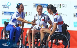 Birgit Skarstein, Norway, gold, Moran Samuel, Israel, silver, Sylvia Pille-Steppart, Germany, bronze, PR1 Womens single sculls, A-Final, 2017 World Rowing Championships, Sarasota-Bradenton, USA