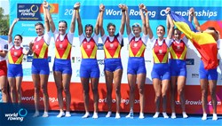 Ioana Vrinceanu (b), Viviana-Iuliana Bejinariu, Mihaela Petrila, Iuliana Popa, Madalina Beres, Denisa Tilvescu, Adelina Bogus, Laura Oprea (s), Daniela Druncea (c), Romania, gold, Women's Eight, A-Final, 2017 World Rowing Championships, Sarasota-Bradenton, USA
