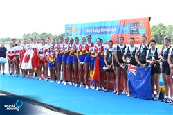 Ioana Vrinceanu (b), Viviana-Iuliana Bejinariu, Mihaela Petrila, Iuliana Popa, Madalina Beres, Denisa Tilvescu, Adelina Bogus, Laura Oprea (s), Daniela Druncea (c), Romania, gold, Lisa Roman (b), Kristin Bauder, Nicole Hare, Hillary Janssens, Christine Roper, Susanne Grainger, Jennifer Martins, Rebecca Zimmerman (s), Kristen Kit (c), Canada, silver, Ashlee Rowe (b), Ruby Tew, Georgia Perry, Kelsey Bevan, Kelsi Walters, Rebecca Scown, Lucy Spoors, Emma Dyke (s), Sam Bosworth (c), New Zealand, bronze, Women's Eight, A-Final, 2017 World Rowing Championships, Sarasota-Bradenton, USA