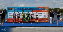 Diana Barcelos De Oliveira (b), Jairo Klug (s), Brazil, gold, Antoine Jesel (b), Guylaine Marchand (s), France, silver, Jessica Dietz (b), Valentin Luz (s), Germany, bronze, PR3 Mixed double sculls, A-Final, 2017 World Rowing Championships, Sarasota-Bradenton, USA