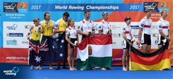 Adrian Juhasz (b), Bela Simon Jr, Andrea Vanda Kollath (c), Hungary, gold, Darcy Wruck (b), Angus Widdicombe, James Rook (c), Australia, silver, Malte Grossmann (b), Finn Schroeder, Jonas Wiesen (c), Germany, bronze, Men's Coxed Pair, A-Final, 2017 World Rowing Championships, Sarasota-Bradenton, USA