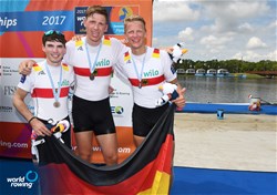 Malte Grossmann (b), Finn Schroeder, Jonas Wiesen (c), Germany, bronze, Men's Coxed Pair, A-Final, 2017 World Rowing Championships, Sarasota-Bradenton, USA