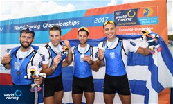 Ninos Nikolaidis (b), Panagiotis Magdanis, Spyridon Giannaros, Eleftherios Konsolas (s), Greece, bronze, Lightweight Men's Quadruple Sculls, A-Final, 2017 World Rowing Championships, Sarasota-Bradenton, USA