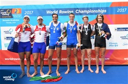 Matteo Lodo (b), Giuseppe Vicino (s), Italy, gold, Martin Sinkovic (b), Valent Sinkovic (s), Croatia, silver, Thomas Murray (b), James Hunter (s), New Zealand, bronze, Men's Pair, A-Final, 2017 World Rowing Championships, Sarasota-Bradenton, USA