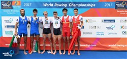 Pierre Houin (b), Jeremie Azou (s), France, gold, Stefano Oppo (b), Pietro Ruta (s), Italy, silver, Man Sun (b), Junjie Fan (s), People's Republic of China, bronze, Lightweight Men's Double Sculls, A-Final, 2017 World Rowing Championships, Sarasota-Bradenton, USA