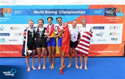 Ionela-Livia Lehaci (b), Gianina-Elena Beleaga (s), Romania, gold, Zoe Mcbride (b), Jackie Kiddle (s), New Zealand, silver, Emily Schmieg (b), Michelle Sechser (s), United States of America, bronze, Lightweight Women's Double Sculls, A-Final, 2017 World Rowing Championships, Sarasota-Bradenton, USA