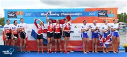 Olivia Van Rooijen (b), Inge Janssen, Sophie Souwer, Nicole Beukers (s), Netherlands, gold, Agnieszka Kobus (b), Marta Wieliczko, Maria Springwald, Katarzyna Zillmann (s), Poland, silver, Bethany Bryan (b), Mathilda Hodgkins-Byrne, Jess Leyden, Holly Nixon (s), Great Britain, bronze, Women's Quadruple Sculls, A-Final, 2017 World Rowing Championships, Sarasota-Bradenton, USA
