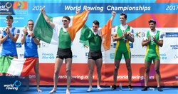 Mark O'Donovan (b), Shane O'Driscoll (s), Ireland, gold, Giuseppe Di Mare (b), Alfonso Scalzone (s), Italy, silver, Xavier Vela Maggi (b), Willian Giaretton (s), Brazil, bronze, Lightweight Men's Pair, A-Final, 2017 World Rowing Championships, Sarasota-Bradenton, USA