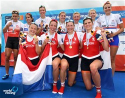 Olivia Van Rooijen (b), Inge Janssen, Sophie Souwer, Nicole Beukers (s), Netherlands, gold, Agnieszka Kobus (b), Marta Wieliczko, Maria Springwald, Katarzyna Zillmann (s), Poland, silver, Bethany Bryan (b), Mathilda Hodgkins-Byrne, Jess Leyden, Holly Nixon (s), Great Britain, bronze, Women's Quadruple Sculls, A-Final, 2017 World Rowing Championships, Sarasota-Bradenton, USA