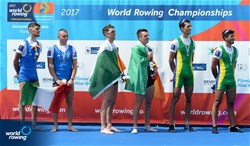 Mark O'Donovan (b), Shane O'Driscoll (s), Ireland, gold, Giuseppe Di Mare (b), Alfonso Scalzone (s), Italy, silver, Xavier Vela Maggi (b), Willian Giaretton (s), Brazil, bronze, Lightweight Men's Pair, A-Final, 2017 World Rowing Championships, Sarasota-Bradenton, USA