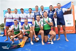 Dovydas Nemeravicius (b), Martynas Dziaugys, Rolandas Mascinskas, Aurimas Adomavicius (s), Lithuania, gold, Jack Beaumont (b), Jonathan Walton, John Collins, Graham Thomas (s), Great Britain, silver, Kaur Kuslap (b), Allar Raja, Tonu Endrekson, Kaspar Taimsoo (s), Estonia, bronze, Men's Quadruple Sculls, A-Final, 2017 World Rowing Championships, Sarasota-Bradenton, USA