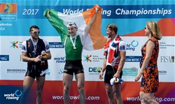 Paul O'Donovan, Ireland, gold, Matthew Dunham, New Zealand, silver, Kristoffer Brun, Norway, bronze, Lightweight Men's Single Sculls, A-Final, 2017 World Rowing Championships, Sarasota-Bradenton, USA