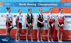 Grace Prendergast (b), Kerri Gowler (s), New Zealand, gold, Megan Kalmoe (b), Tracy Eisser (s), United States of America, silver, Hedvig Rasmussen (b), Christina Johansen (s), Denmark, bronze, Women's Pair, A-Final, 2017 World Rowing Championships, Sarasota-Bradenton, USA