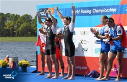 John Storey (b), Christopher Harris (s), New Zealand, gold, Miroslaw Zietarski (b), Mateusz Biskup (s), Poland, silver, Filippo Mondelli (b), Luca Rambaldi (s), Italy, bronze, Men's Double Sculls, A-Final, 2017 World Rowing Championships, Sarasota-Bradenton, USA