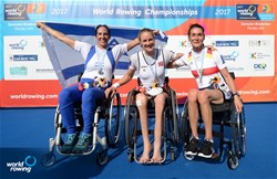 Birgit Skarstein, Norway, gold, Moran Samuel, Israel, silver, Sylvia Pille-Steppart, Germany, bronze, PR1 Womens single sculls, A-Final, 2017 World Rowing Championships, Sarasota-Bradenton, USA