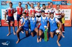 Federico Duchich (b), Leone Barbaro, Lorenzo Tedesco, Piero Sfiligoi (s), Italy, gold, Maksim Telitcyn (b), Aleksandr Bogdashin, Alexander Chaukin, Aleksey Vikulin (s), Russia, silver, Patrik Stoecker (b), Sven Kessler, Jonathan Koch, Julius Peschel (s), Germany, bronze, Lightweight Men's Four, A-Final, 2017 World Rowing Championships, Sarasota-Bradenton, USA