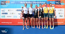 Brooke Donoghue (b), Olivia Loe (s), New Zealand, gold, Meghan O'Leary (b), Ellen Tomek (s), United States of America, silver, Olympia Aldersey (b), Madeleine Edmunds (s), Australia, bronze, Women's Double Sculls, A-Final, 2017 World Rowing Championships, Sarasota-Bradenton, USA