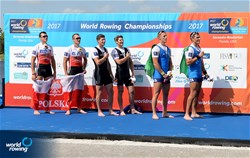 John Storey (b), Christopher Harris (s), New Zealand, gold, Miroslaw Zietarski (b), Mateusz Biskup (s), Poland, silver, Filippo Mondelli (b), Luca Rambaldi (s), Italy, bronze, Men's Double Sculls, A-Final, 2017 World Rowing Championships, Sarasota-Bradenton, USA