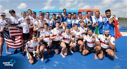 Johannes Weissenfeld (b), Felix Wimberger, Maximilian Planer, Torben Johannesen, Jakob Schneider, Malte Jakschik, Richard Schmidt, Hannes Ocik (s), Martin Sauer (c), Germany, gold, Dariush Aghai (b), Yohann Rigogne, Alexander Karwoski, Jordan Vanderstoep, Thomas Peszek, Nicholas Mead, Andrew Reed, Patrick Eble (s), Julian Venonsky (c), United States of America, silver, Cesare Gabbia (b), Emanuele Liuzzi, Luca Parlato, Paolo Perino, Bruno Rosetti, Mario Paonessa, Davide Mumolo, Leonardo Pietra Caprina (s), Enrico D'Aniello (c), Italy, bronze, Men's Eight, A-Final, 2017 World Rowing Championships, Sarasota-Bradenton, USA