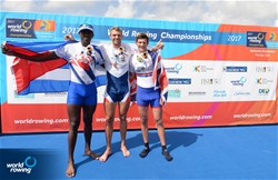 Ondrej Synek, Czech Republic, gold, Angel Fournier Rodriguez, Cuba, silver, Thomas Barras, Great Britain, bronze, Men's Single Sculls, A-Final, 2017 World Rowing Championships, Sarasota-Bradenton, USA