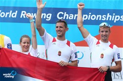 Adrian Juhasz (b), Bela Simon Jr, Andrea Vanda Kollath (c), Hungary, gold, Men's Coxed Pair, A-Final, 2017 World Rowing Championships, Sarasota-Bradenton, USA