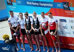 Grace Prendergast (b), Kerri Gowler (s), New Zealand, gold, Megan Kalmoe (b), Tracy Eisser (s), United States of America, silver, Hedvig Rasmussen (b), Christina Johansen (s), Denmark, bronze, Women's PairA-Final, 2017 World Rowing Championships, Sarasota-Bradenton, USA