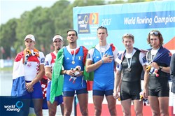 Matteo Lodo (b), Giuseppe Vicino (s), Italy, gold, Martin Sinkovic (b), Valent Sinkovic (s), Croatia, silver, Thomas Murray (b), James Hunter (s), New Zealand, bronze, Men's Pair, A-Final, 2017 World Rowing Championships, Sarasota-Bradenton, USA