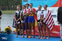 Ionela-Livia Lehaci (b), Gianina-Elena Beleaga (s), Romania, gold, Zoe Mcbride (b), Jackie Kiddle (s), New Zealand, silver, Emily Schmieg (b), Michelle Sechser (s), United States of America, bronze, Lightweight Women's Double Sculls, A-Final, 2017 World Rowing Championships, Sarasota-Bradenton, USA