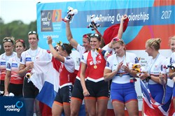 Olivia Van Rooijen (b), Inge Janssen, Sophie Souwer, Nicole Beukers (s), Netherlands, gold, Agnieszka Kobus (b), Marta Wieliczko, Maria Springwald, Katarzyna Zillmann (s), Poland, silver, Bethany Bryan (b), Mathilda Hodgkins-Byrne, Jess Leyden, Holly Nixon (s), Great Britain, bronze, Women's Quadruple Sculls, A-Final, 2017 World Rowing Championships, Sarasota-Bradenton, USA