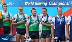 Dovydas Nemeravicius (b), Martynas Dziaugys, Rolandas Mascinskas, Aurimas Adomavicius (s), Lithuania, gold, Men's Quadruple Sculls, A-Final, 2017 World Rowing Championships, Sarasota-Bradenton, USA