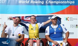Erik Horrie, Australia, gold, Roman Polianskyi, Ukraine, silver, Alexey Chuvashev, Russia, bronze, PR1 Mens single sculls, A-Final, 2017 World Rowing Championships, Sarasota-Bradenton, USA