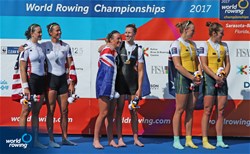 Brooke Donoghue (b), Olivia Loe (s), New Zealand, gold, Meghan O'Leary (b), Ellen Tomek (s), United States of America, silver, Olympia Aldersey (b), Madeleine Edmunds (s), Australia, bronze, Women's Double Sculls, A-Final, 2017 World Rowing Championships, Sarasota-Bradenton, USA
