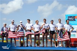 Dariush Aghai (b), Yohann Rigogne, Alexander Karwoski, Jordan Vanderstoep, Thomas Peszek, Nicholas Mead, Andrew Reed, Patrick Eble (s), Julian Venonsky (c), United States of America, silver, Men's Eight, A-Final, 2017 World Rowing Championships, Sarasota-Bradenton, USA
