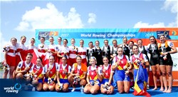 Ioana Vrinceanu (b), Viviana-Iuliana Bejinariu, Mihaela Petrila, Iuliana Popa, Madalina Beres, Denisa Tilvescu, Adelina Bogus, Laura Oprea (s), Daniela Druncea (c), Romania, gold, Lisa Roman (b), Kristin Bauder, Nicole Hare, Hillary Janssens, Christine Roper, Susanne Grainger, Jennifer Martins, Rebecca Zimmerman (s), Kristen Kit (c), Canada, silver, Ashlee Rowe (b), Ruby Tew, Georgia Perry, Kelsey Bevan, Kelsi Walters, Rebecca Scown, Lucy Spoors, Emma Dyke (s), Sam Bosworth (c), New Zealand, bronze, Women's Eight, A-Final, 2017 World Rowing Championships, Sarasota-Bradenton, USA