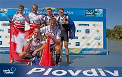 Hugo Boucheron (b), Matthieu Androdias (s), France, gold, Barnabe Delarze (b), Roman Roeoesli (s), Switzerland, silver, John Storey (b), Christopher Harris (s), New Zealand, bronze, Men's Double Sculls, 2018 World Rowing Championships, Plovdiv, Bulgaria