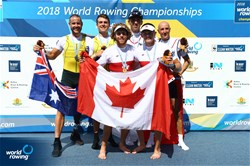 Kyle Fredrickson (b), Andrew Todd (s), Canada, gold, James Talbot (b), Jed Altschwager (s), Australia, silver, Jerome Pailler (b), Laurent Viala (s), France, bronze, PR3 Men's Pair, 2018 World Rowing Championships, Plovdiv, Bulgaria